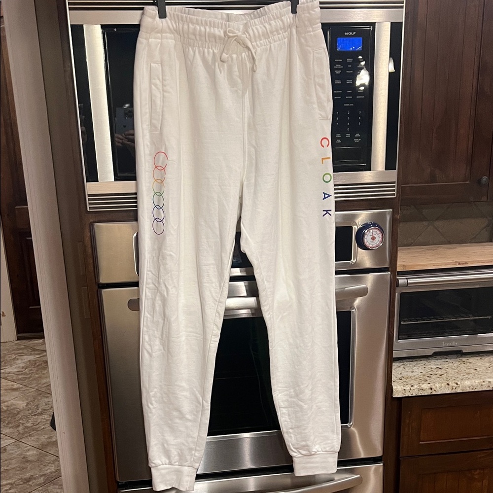 CLOAK LOGO WHITE SWEATPANTS JOGGERS W/MULTICOLOR RAINBOW 🌈 LOGO UNISEX SIZE 2XL
